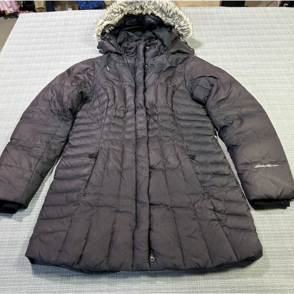 Eddie Bauer Down Jacket Womens Small Deep Purple Faux Fur Trim‎ Quilted Puffer - Picture 1 of 11